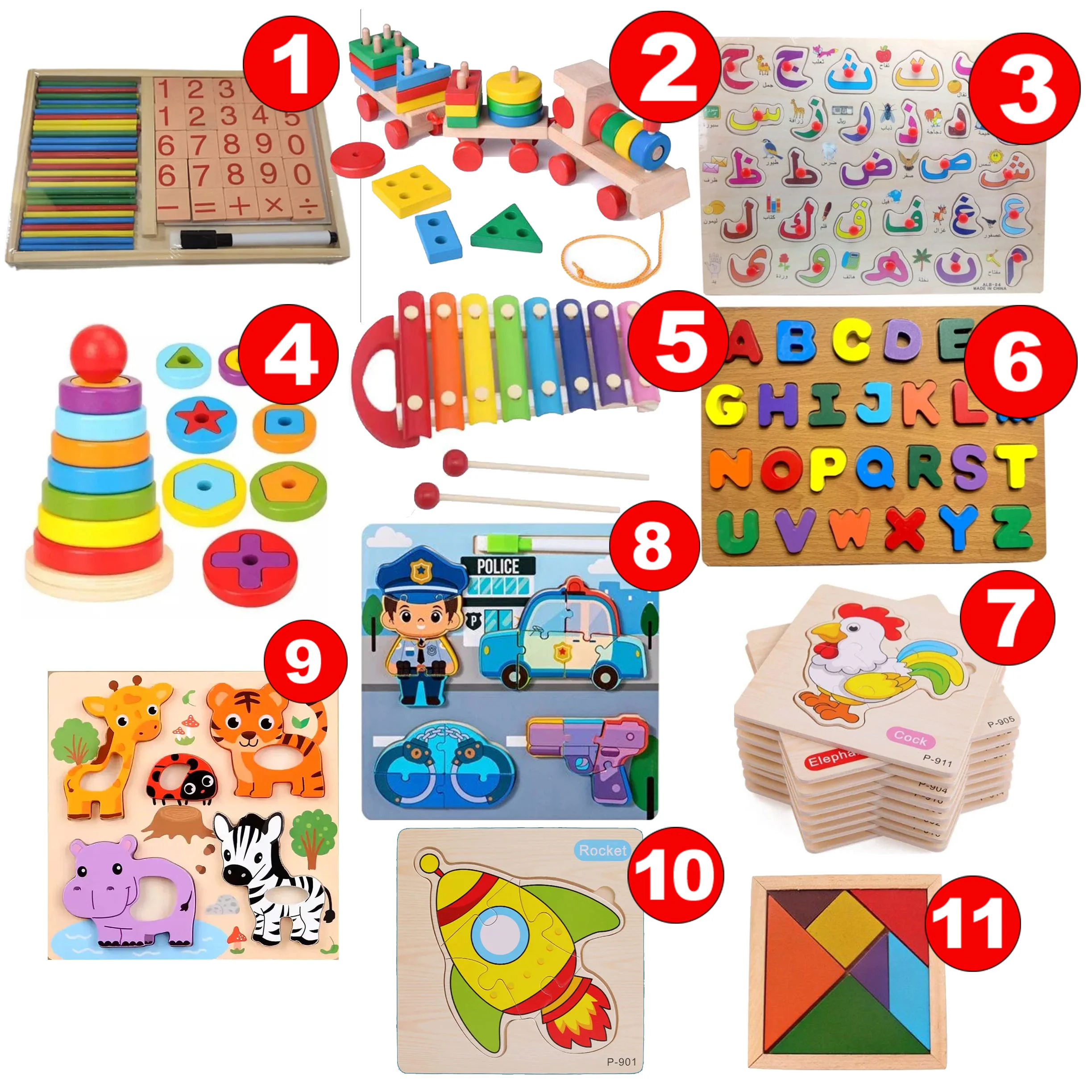Pack d'apprentissage ''Montessori Toys'' avec 11 jouets éducatifs en bois