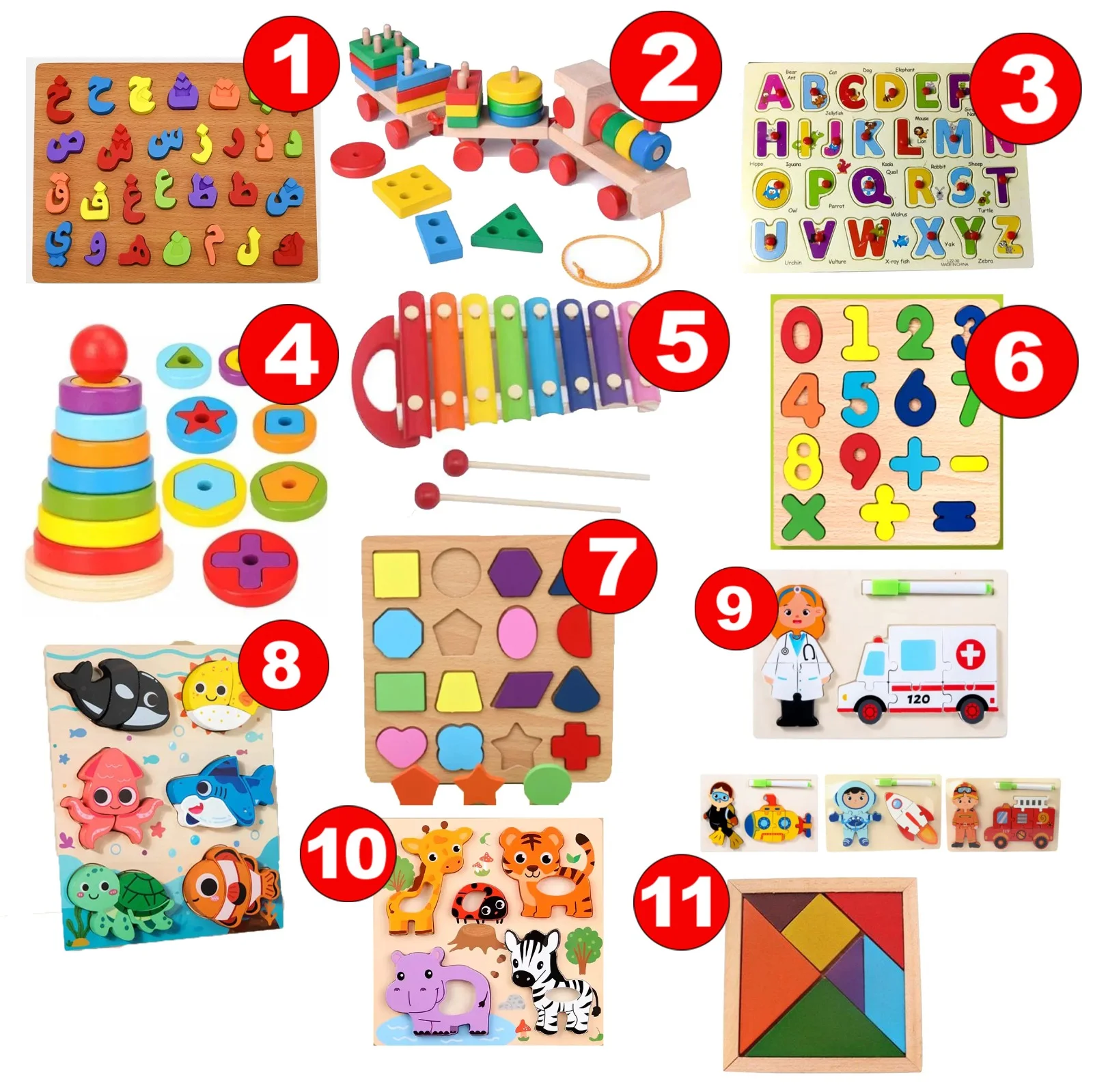 Pack d'apprentissage ''Montessori Toys'' avec 11 jouets éducatifs en bois :