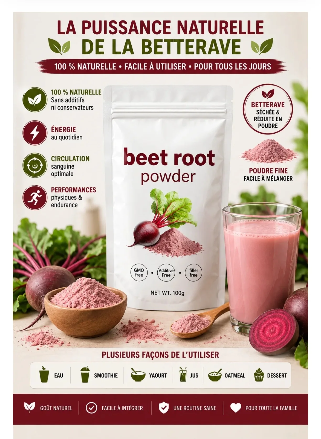 Beet Root Powder – Poudre de Betterave Naturelle 100 g | Énergie, Performance et Vitalité