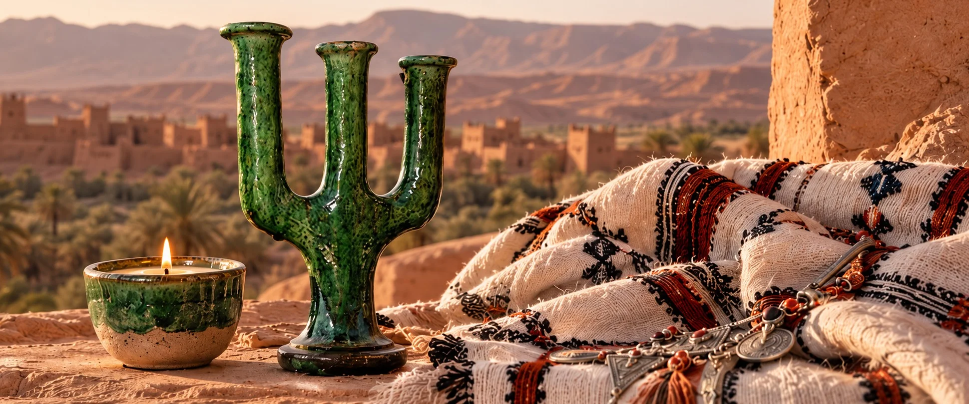 Moroccan pottery, candles, jewelry and Gonaa by Draa Excellence
