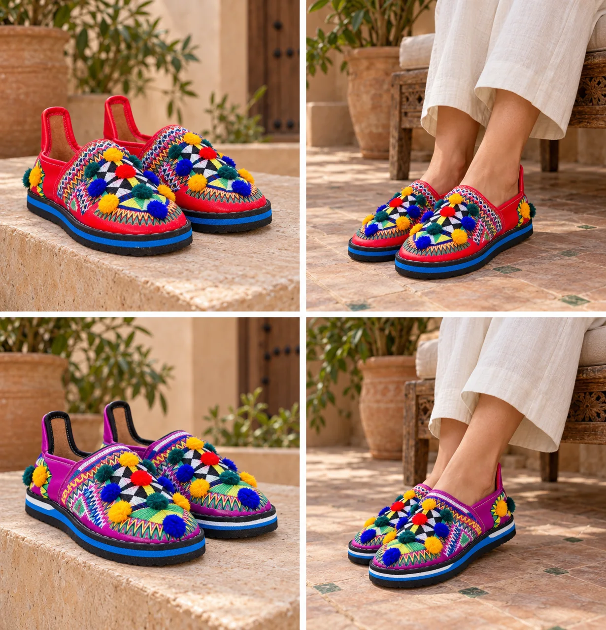 Tifawt — Embroidered Moroccan Shoes with Pompoms