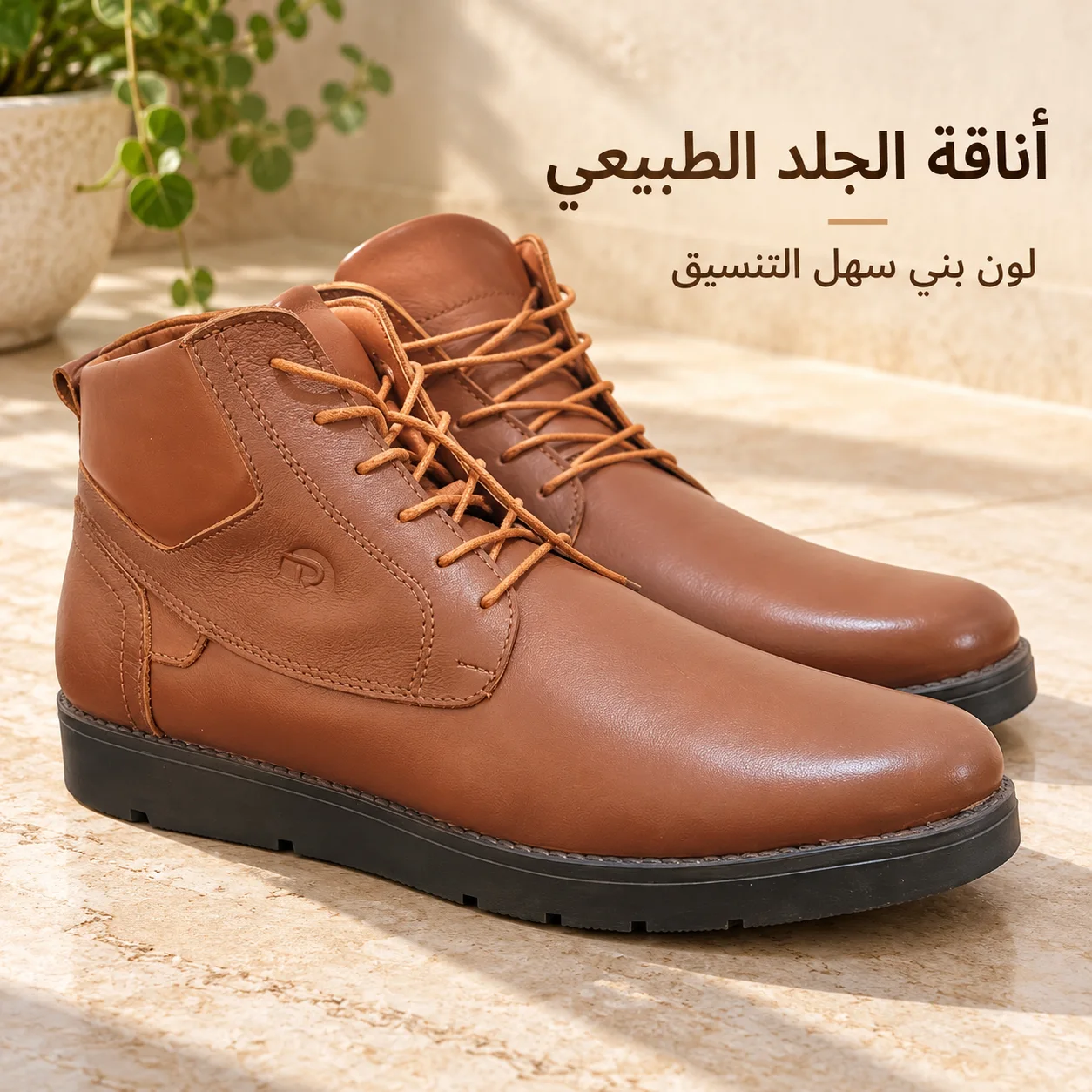 حذاء رجالي جلد طبيعي بني.