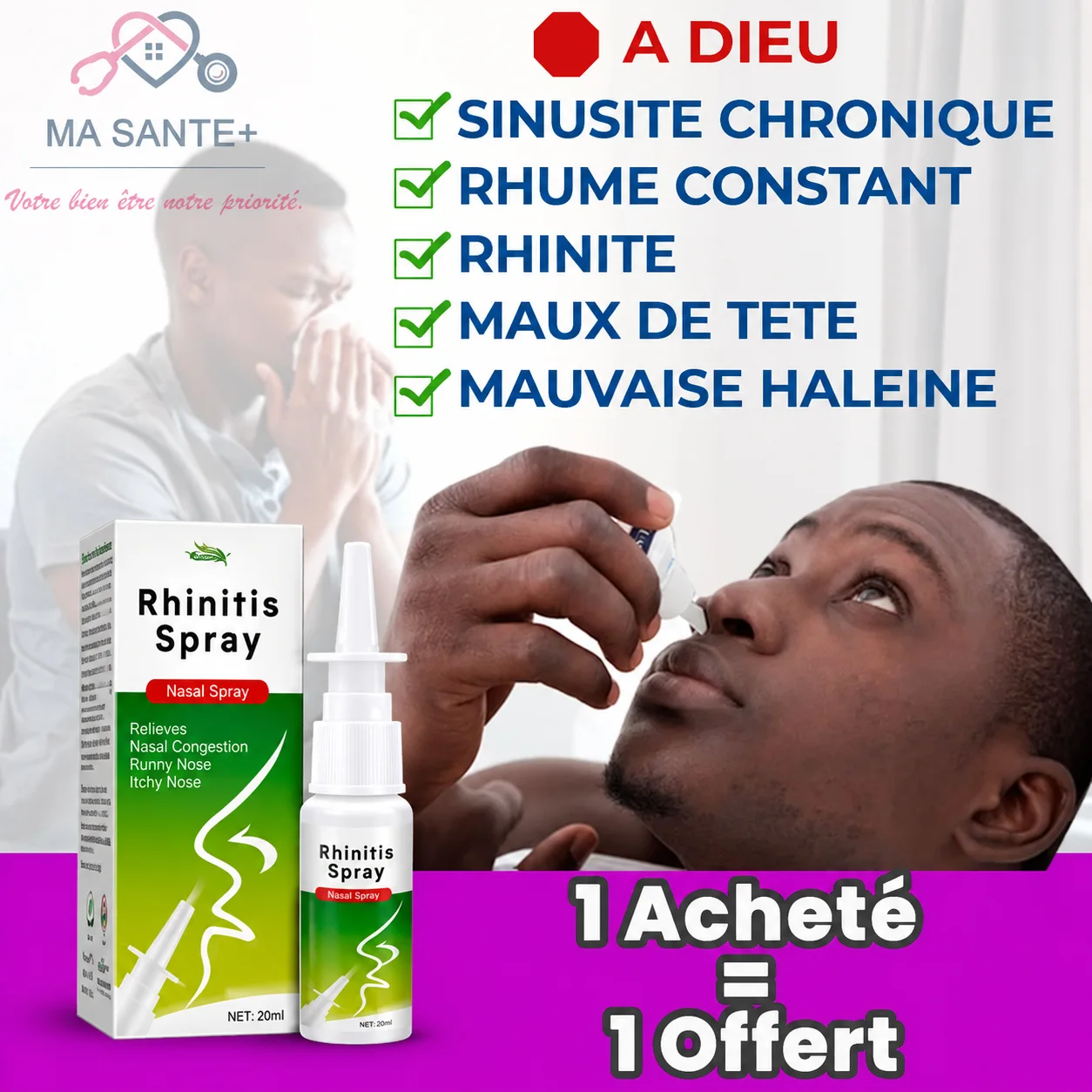 Guérir rapidement des problèmes liée a la Sinusite, Rhinite et le Ronflements facilement (Spray Nasal 3 en 1)
