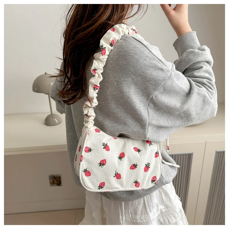 Cute Strawberry Print Corduroy Half Moon Underarm Bag