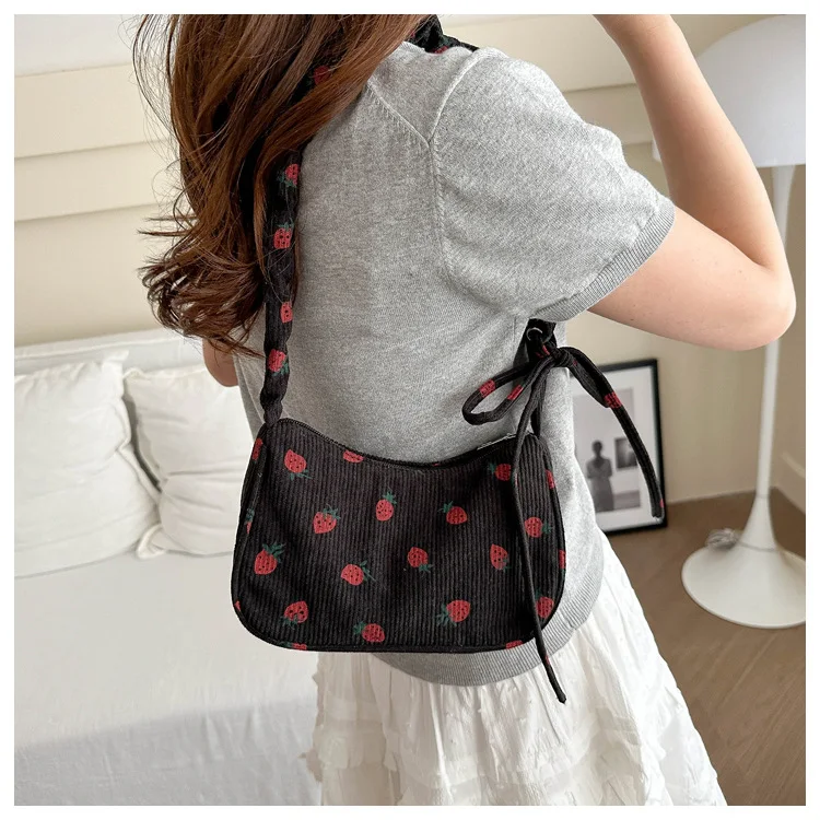 Cute Strawberry Print Corduroy Half Moon Underarm Bag