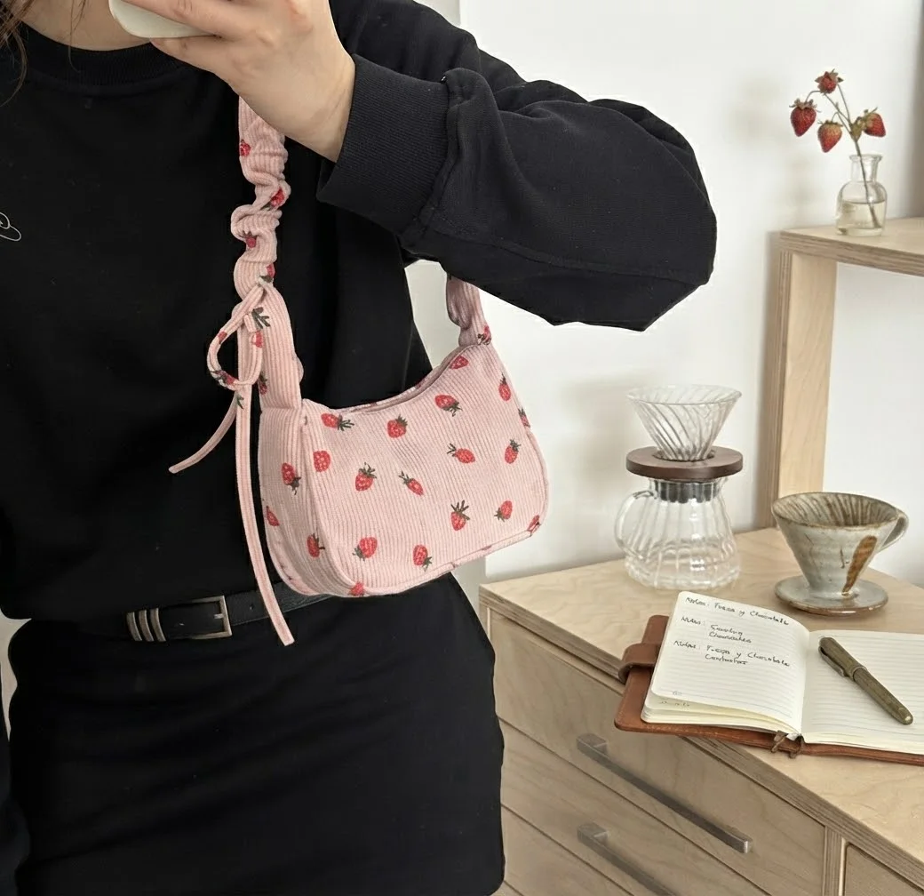 Cute Strawberry Print Corduroy Half Moon Underarm Bag