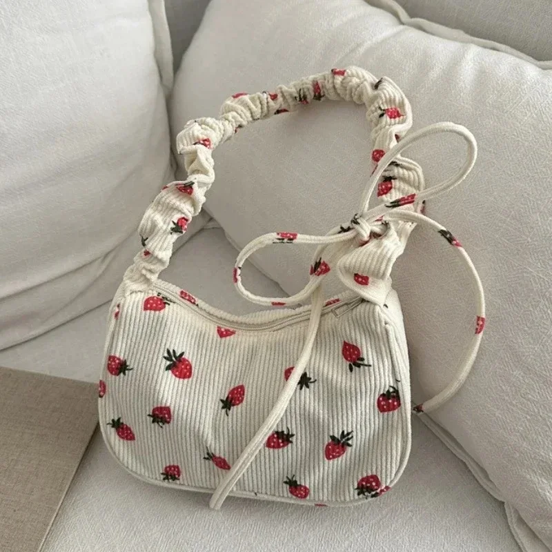 Cute Strawberry Print Corduroy Half Moon Underarm Bag