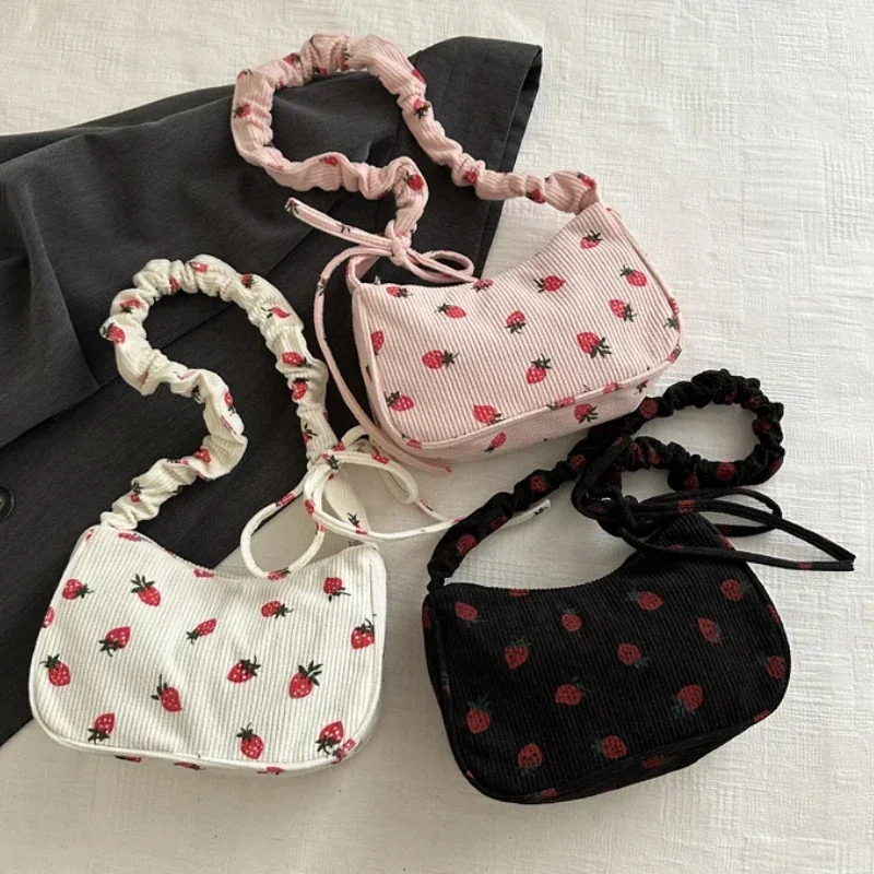 Cute Strawberry Print Corduroy Half Moon Underarm Bag