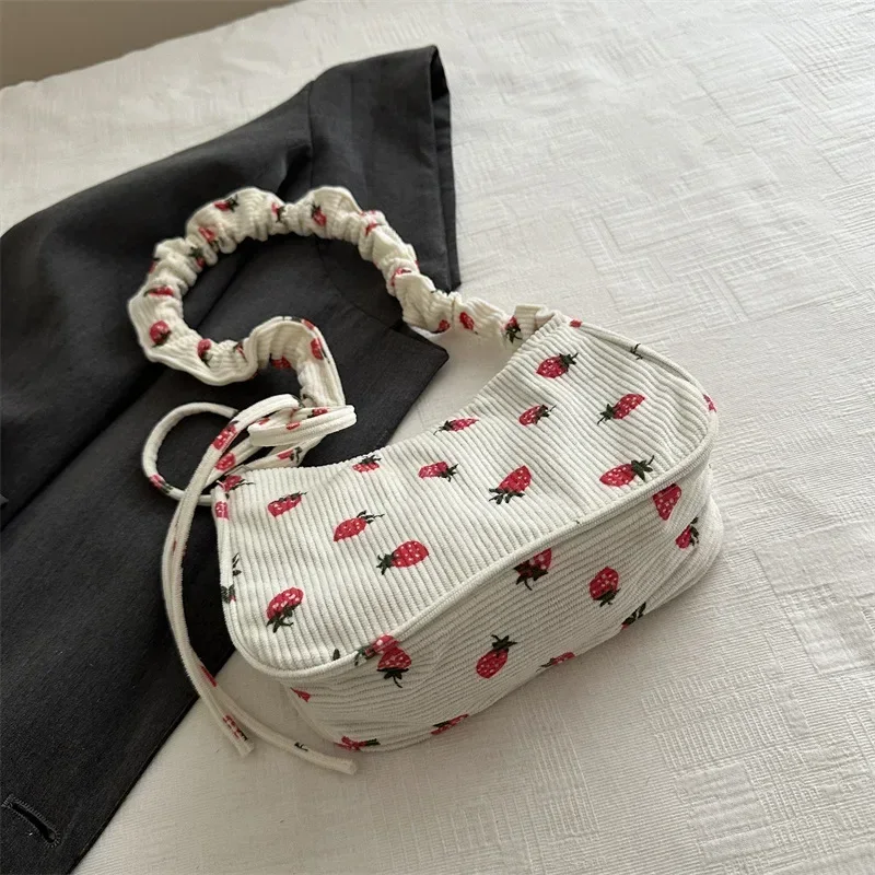 Cute Strawberry Print Corduroy Half Moon Underarm Bag
