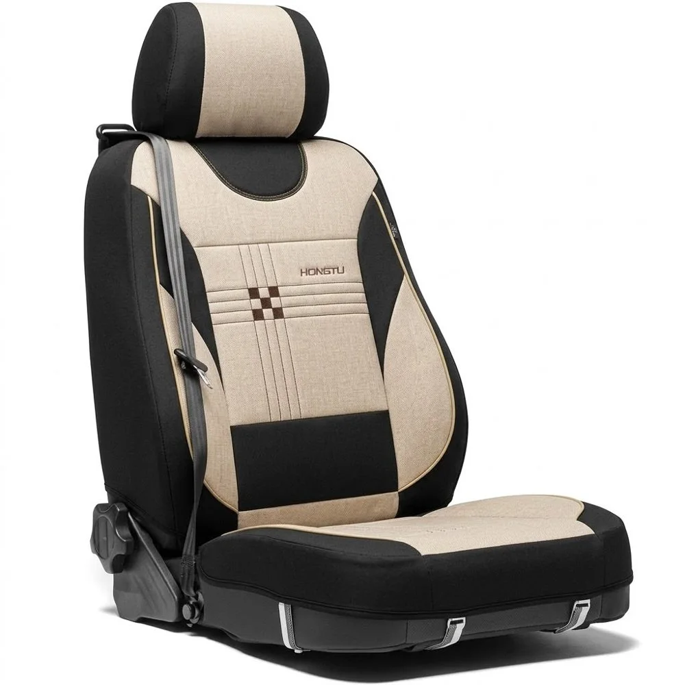Housse voiture sport en tissu beige et noir