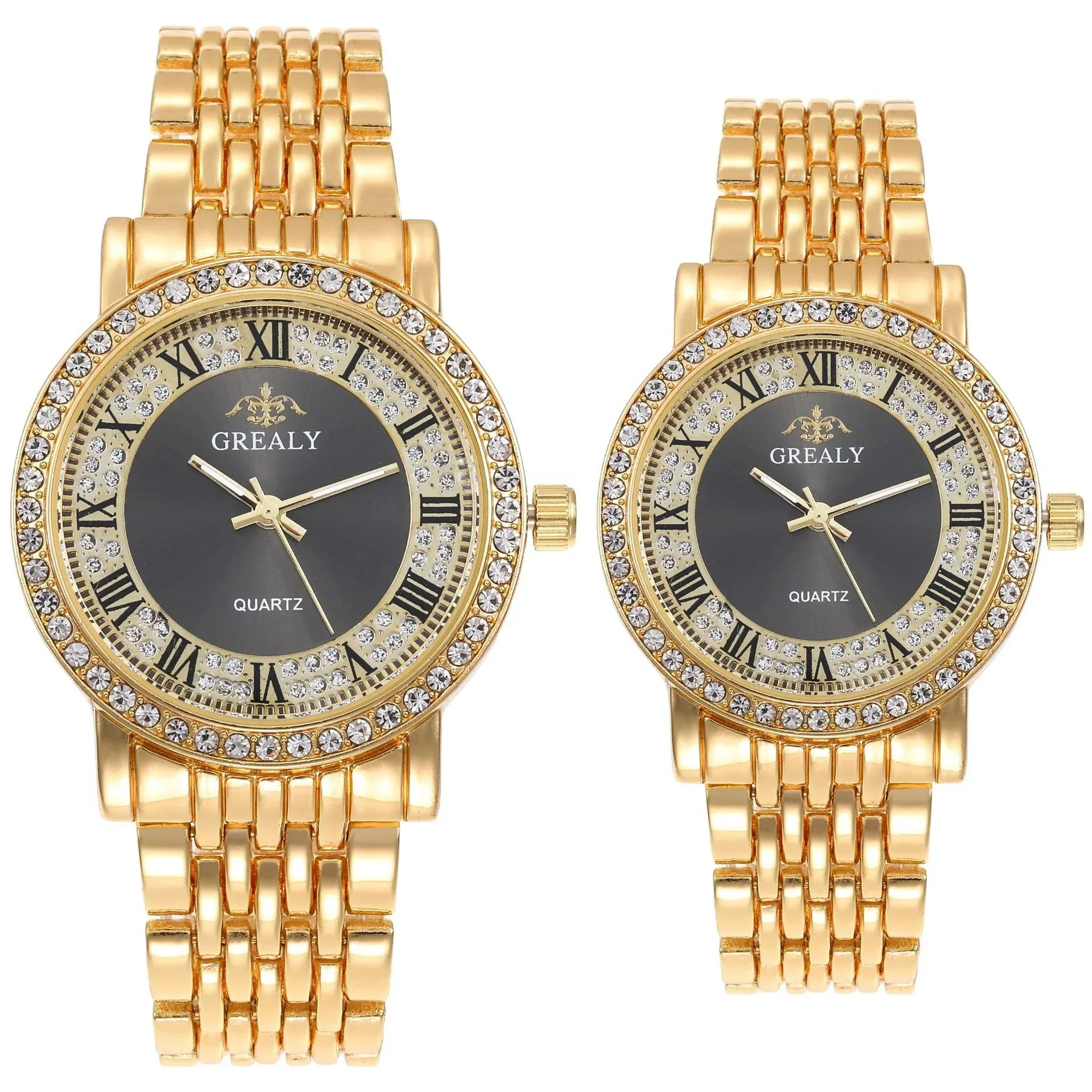 GREALY 💛 Duo Montres Couple · Une Pour Elle, Une Pour Lui · Dorées Serties - SN