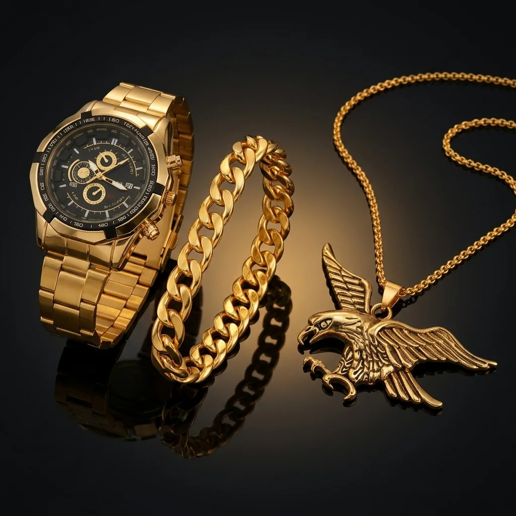 AQUILA Set Homme 3 Pièces · Montre Or & Noir + Gourmette & Pendentif Aigle - SN