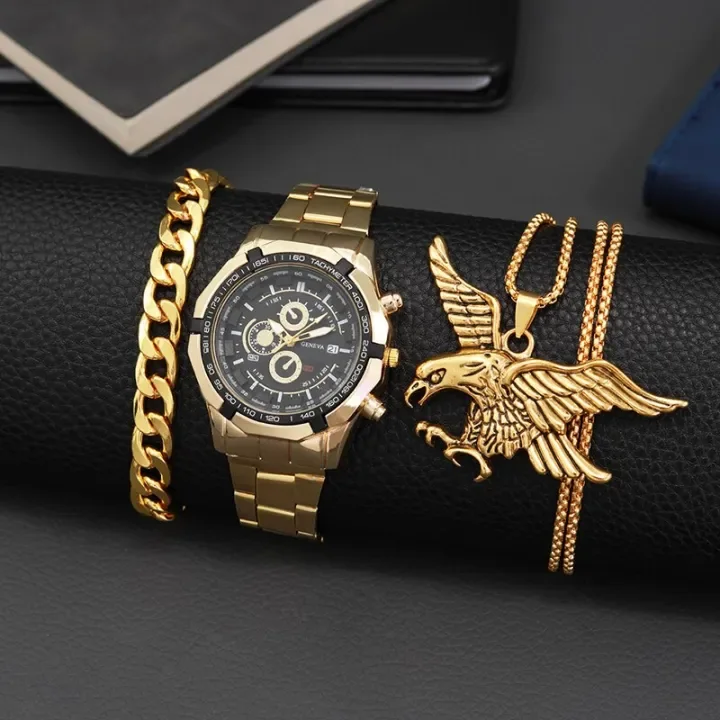 AQUILA Set Homme 3 Pièces · Montre Or & Noir + Gourmette & Pendentif Aigle - SN