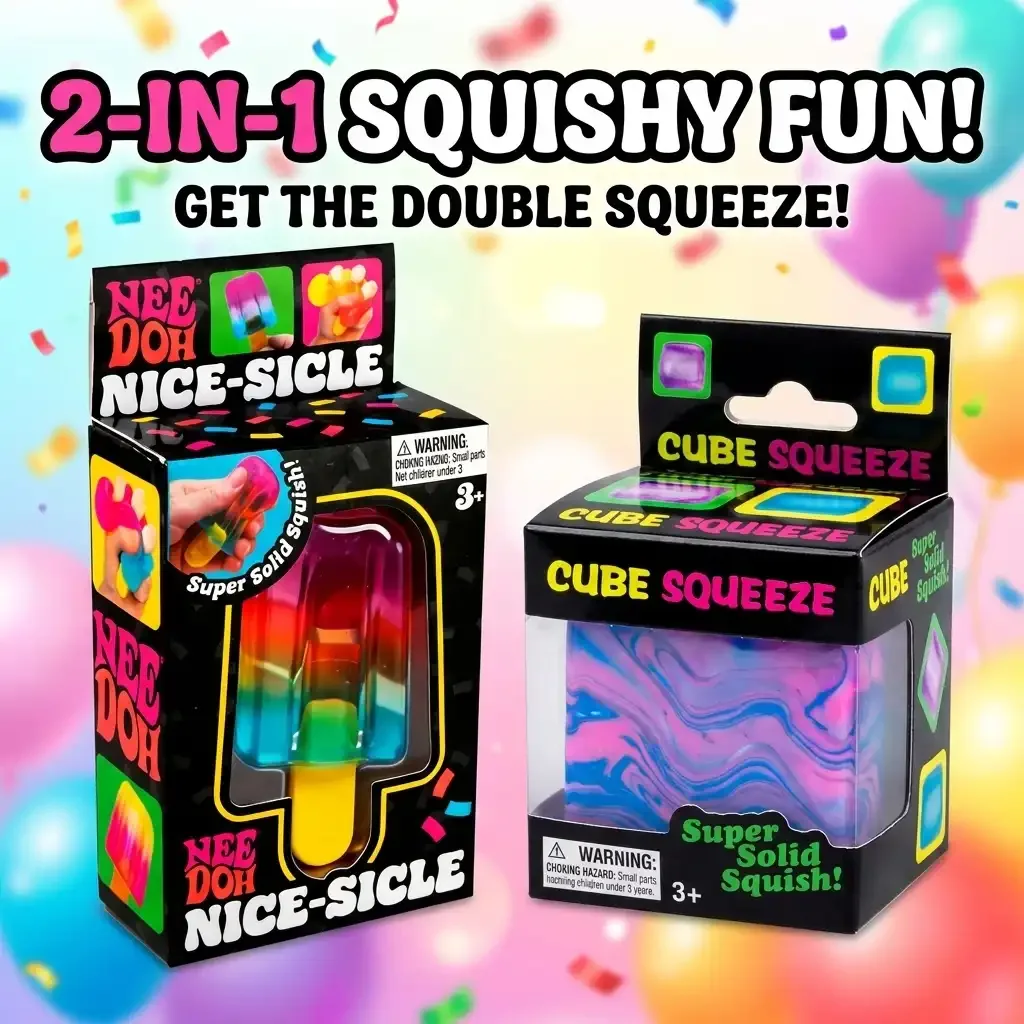 Pack 2 Squishy nido Sensoriels Anti-Stress – Glace Nice-Sicle + Cube Squeeze (couleur aléatoire)
