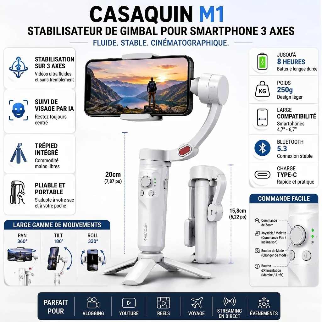 CASAQUIN M1 – Stabilisateur Smartphone 3 Axes Ultra-Compact
