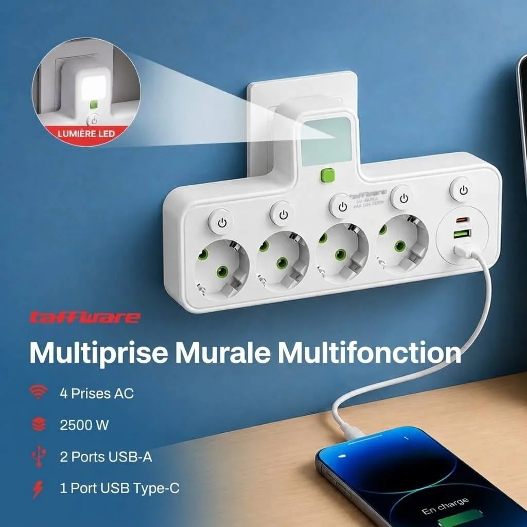 Multi-Prise Murale Intelligente 7-en-1 avec Veilleuse LED intégrée