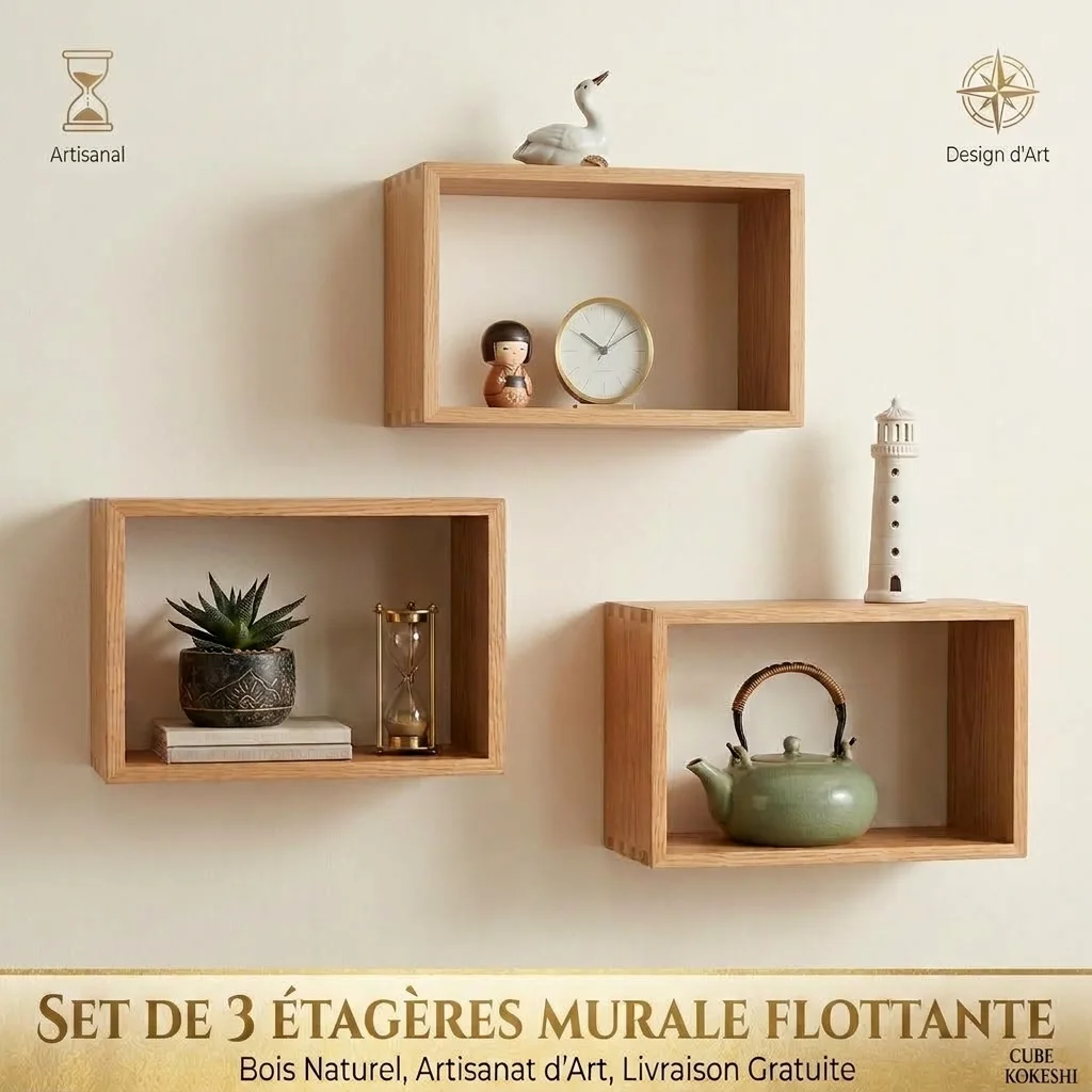 Set de 3 Étagères Murales Flottantes en Bois Naturel — Design & Modulable