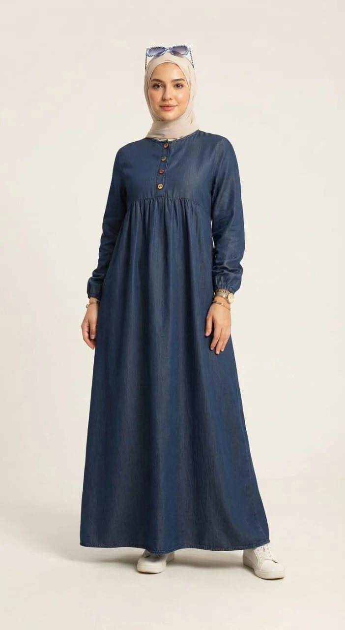 👗 فستان جينز طويل محتشم بأزرار أمامية