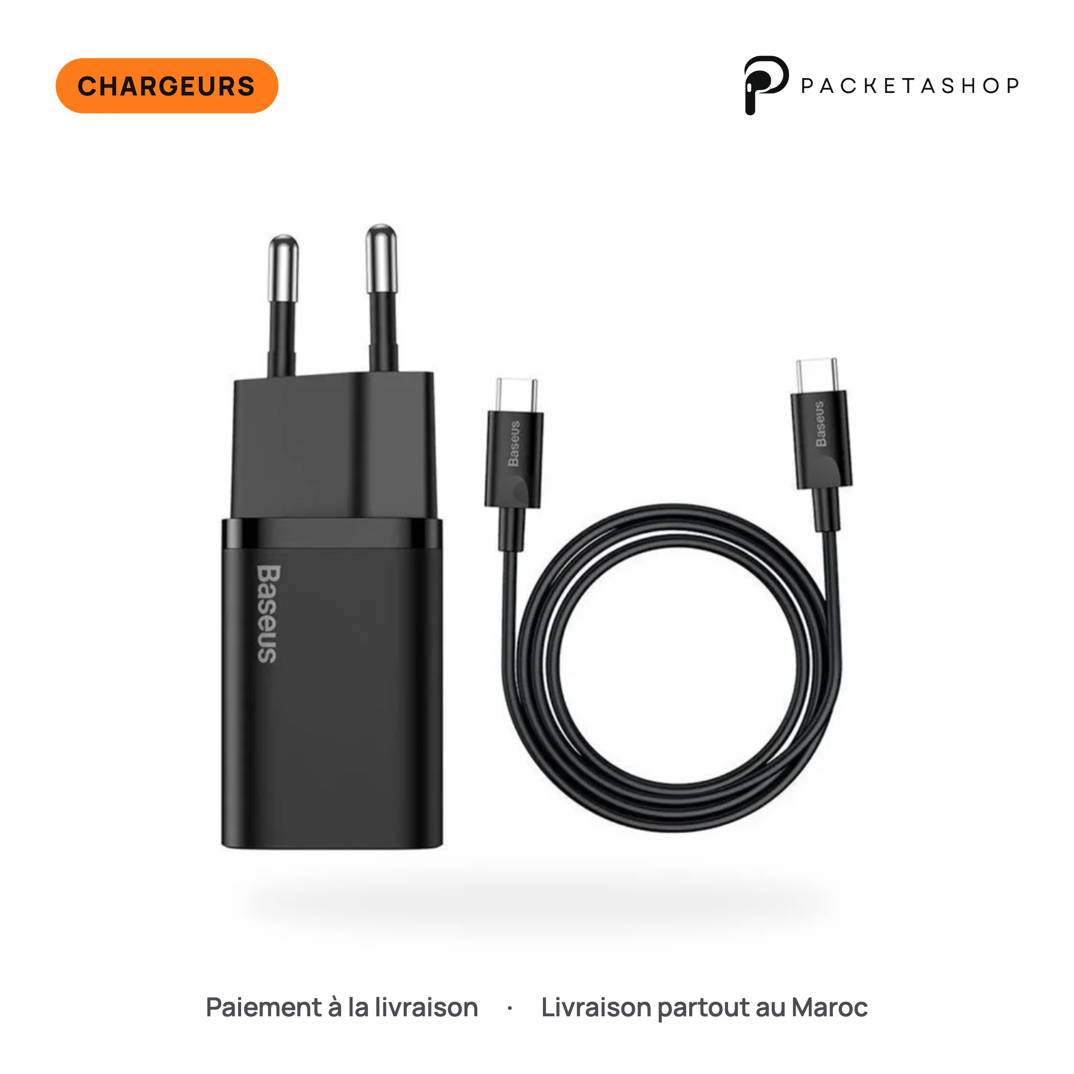 Chargeur Baseus 25W Charge Rapide PD + Câble Type-C vers Type-C 3A 1m (Noir)