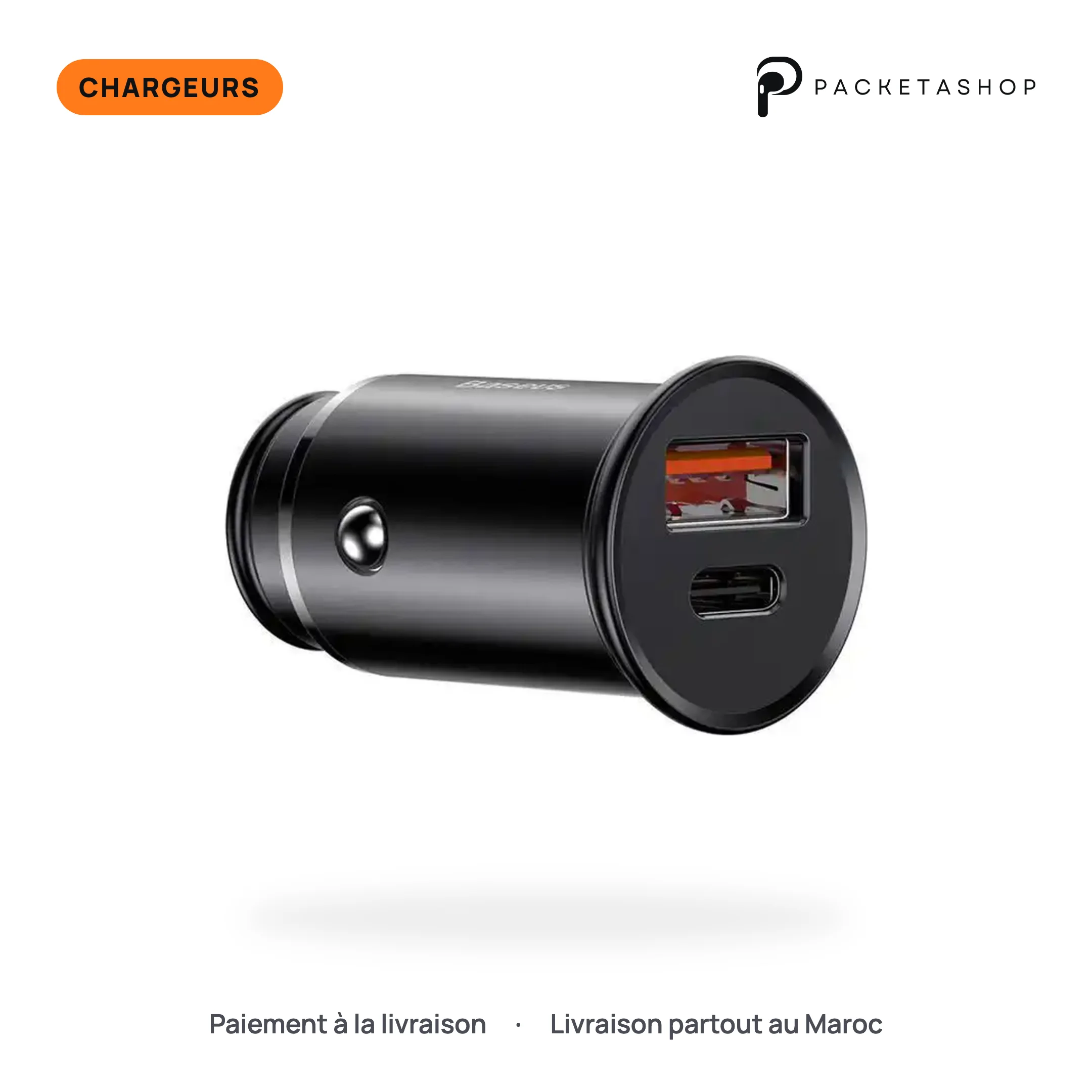Chargeur Voiture Baseus 30W Métal – USB-A + USB-C Charge Rapide (Noir)