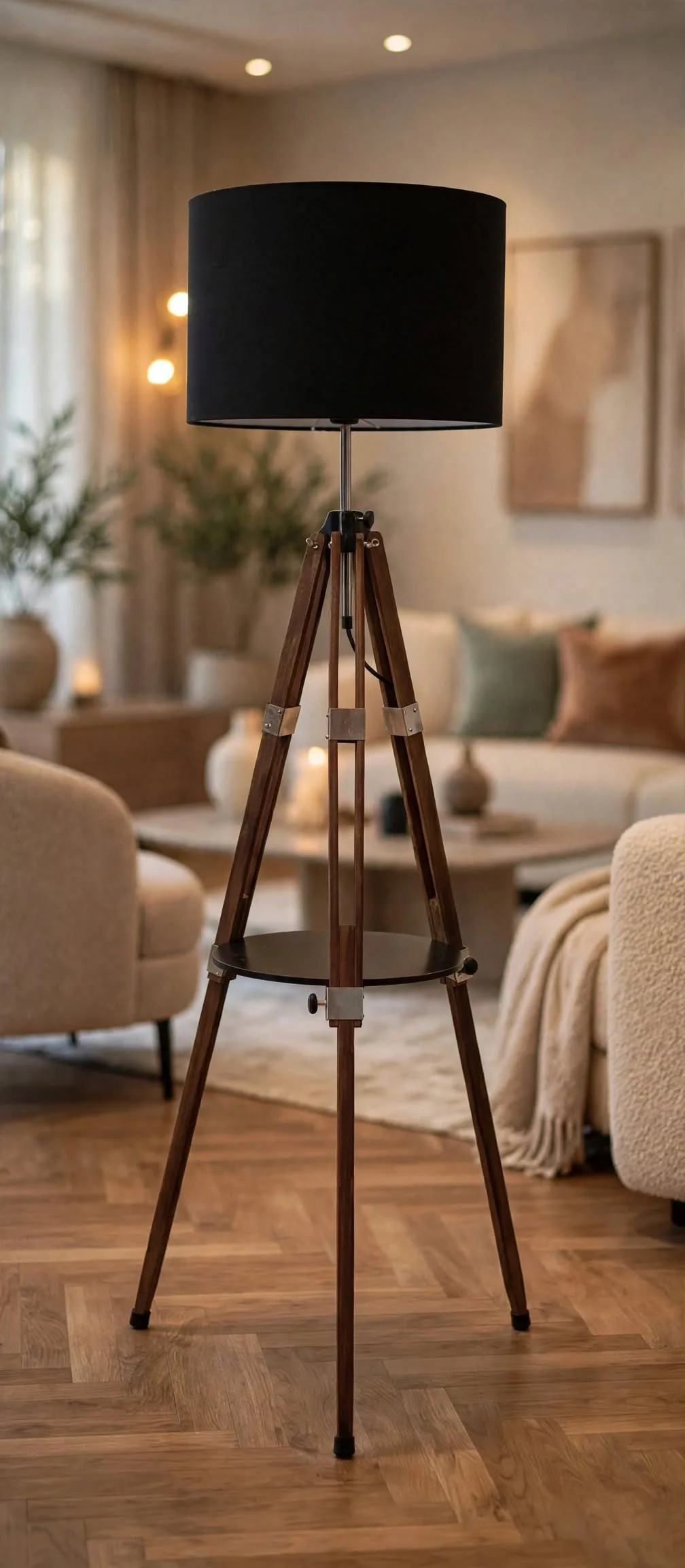 Lampadaire Trépied Bois de Luxe