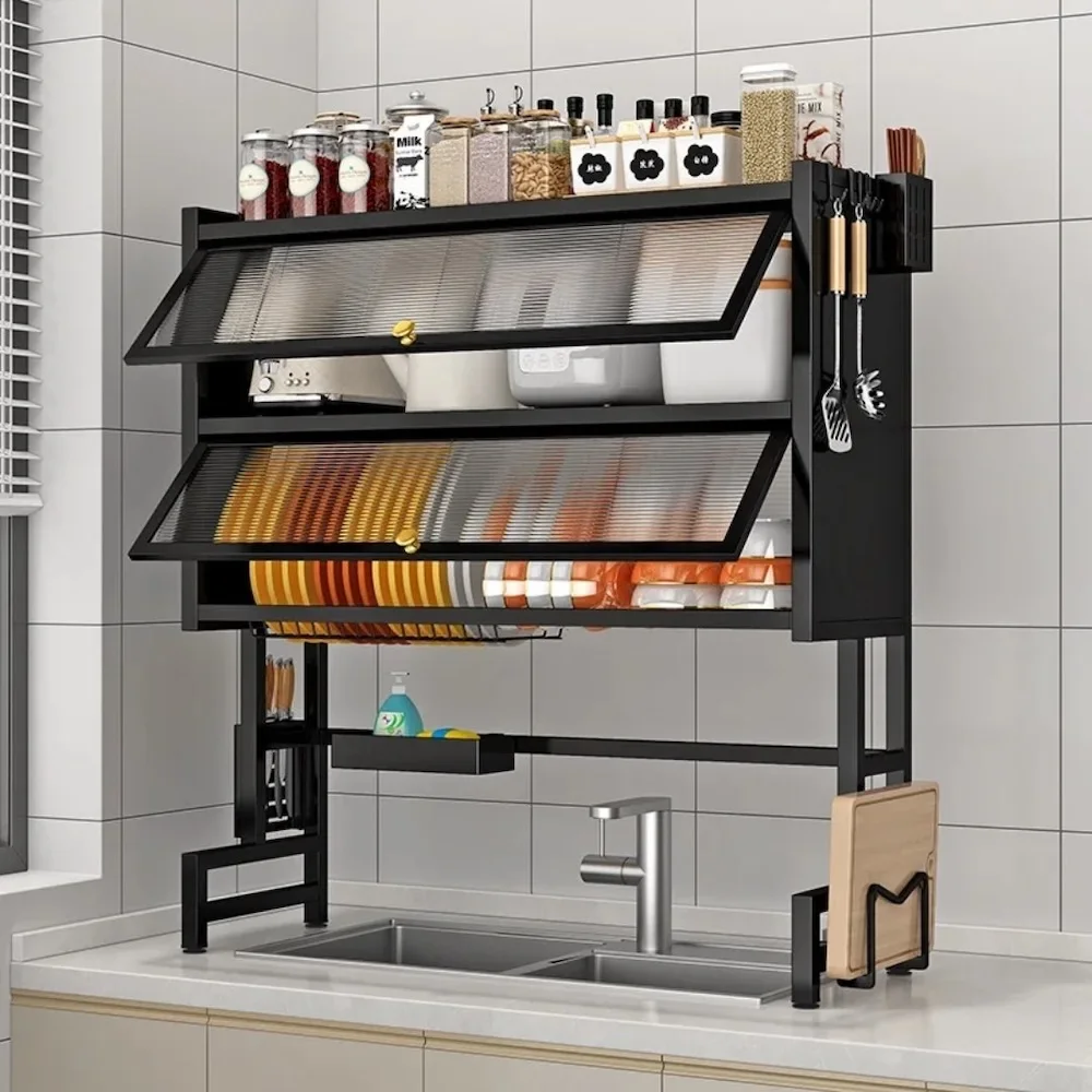 Égouttoir à Vaisselle 2 Niveaux en Métal et Organiseur de Cuisine au-Dessus de l’Évier avec Porte Assiettes et Ustensiles