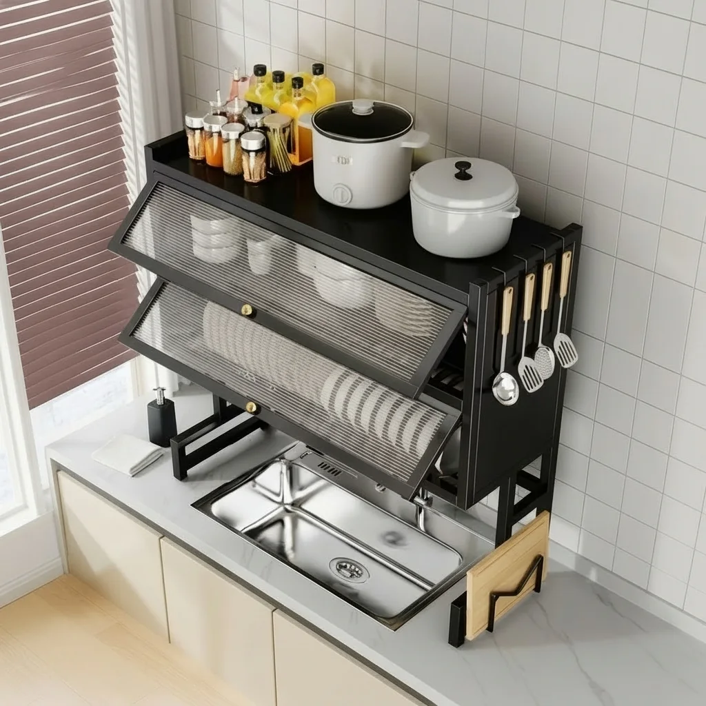 Égouttoir à Vaisselle 2 Niveaux en Métal et Organiseur de Cuisine au-Dessus de l’Évier avec Porte Assiettes et Ustensiles