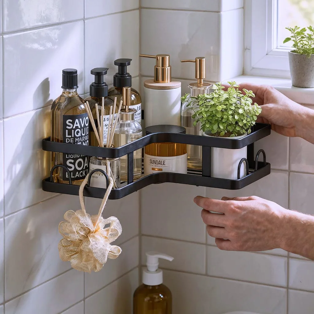 Étagère Mural de Salle de Bain Auto-Adhésif et Organisateur de Douche en Acier Inoxydable à 2 Niveaux avec Crochets