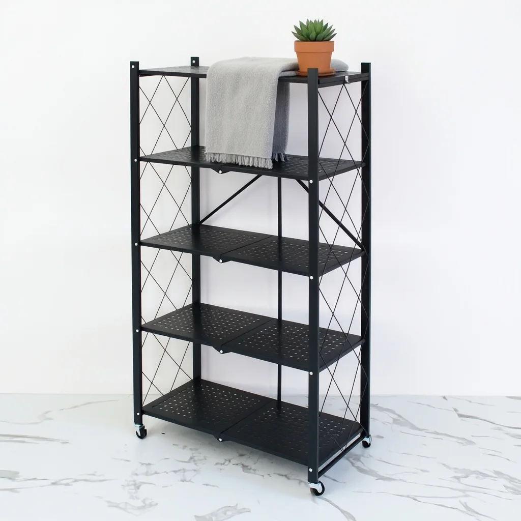 Étagère Pliable Métallique à 5 Niveaux et Meuble de Rangement Mobile de Cuisine, Salon et Bureau