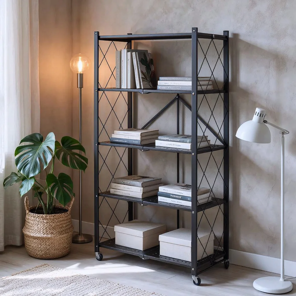 Étagère Pliable Métallique à 5 Niveaux et Meuble de Rangement Mobile de Cuisine, Salon et Bureau
