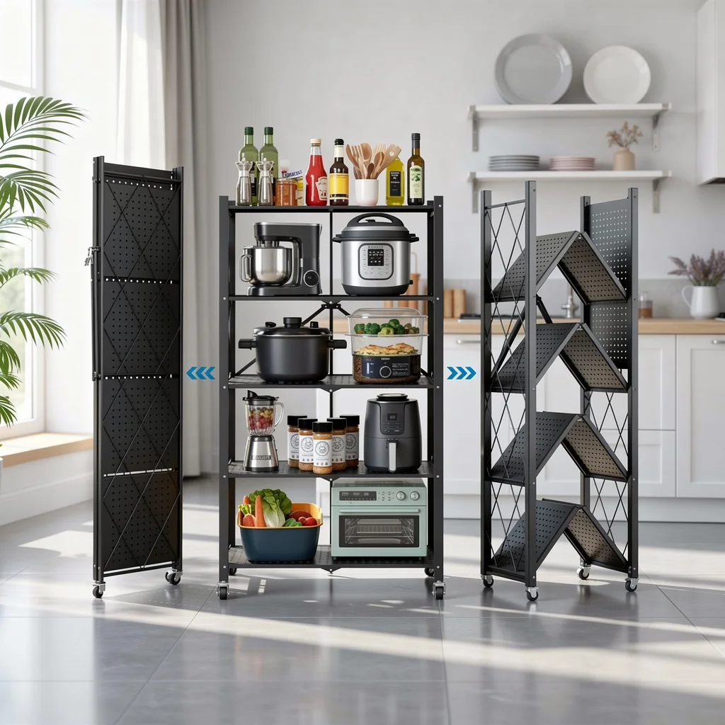 Étagère Pliable Métallique à 5 Niveaux et Meuble de Rangement Mobile de Cuisine, Salon et Bureau