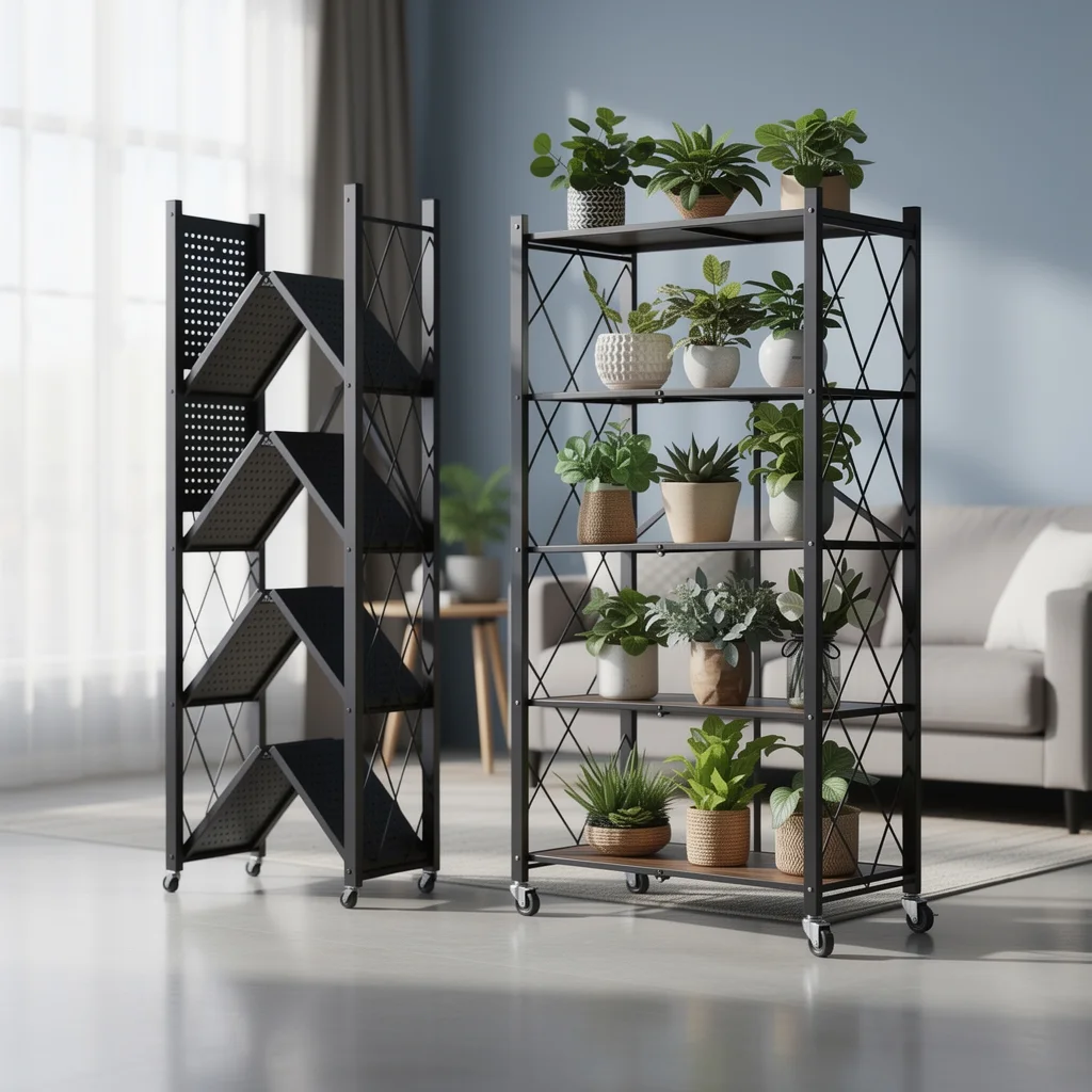 Étagère Pliable Métallique à 5 Niveaux et Meuble de Rangement Mobile de Cuisine, Salon et Bureau