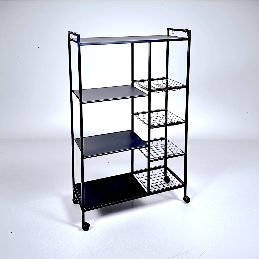 Meuble de Rangement Mobile et Polyvalent à Roulettes avec 5 Étagères et 4 Paniers Métalliques