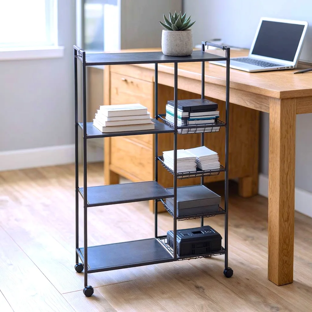 Meuble de Rangement Mobile et Polyvalent à Roulettes avec 5 Étagères et 4 Paniers Métalliques