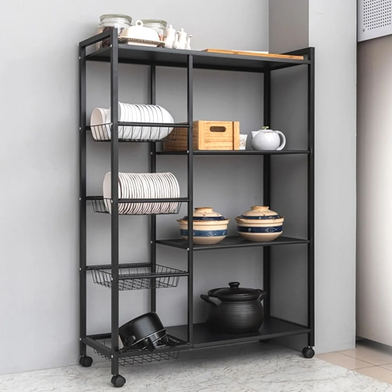 Meuble de Rangement Mobile et Polyvalent à Roulettes avec 5 Étagères et 4 Paniers Métalliques