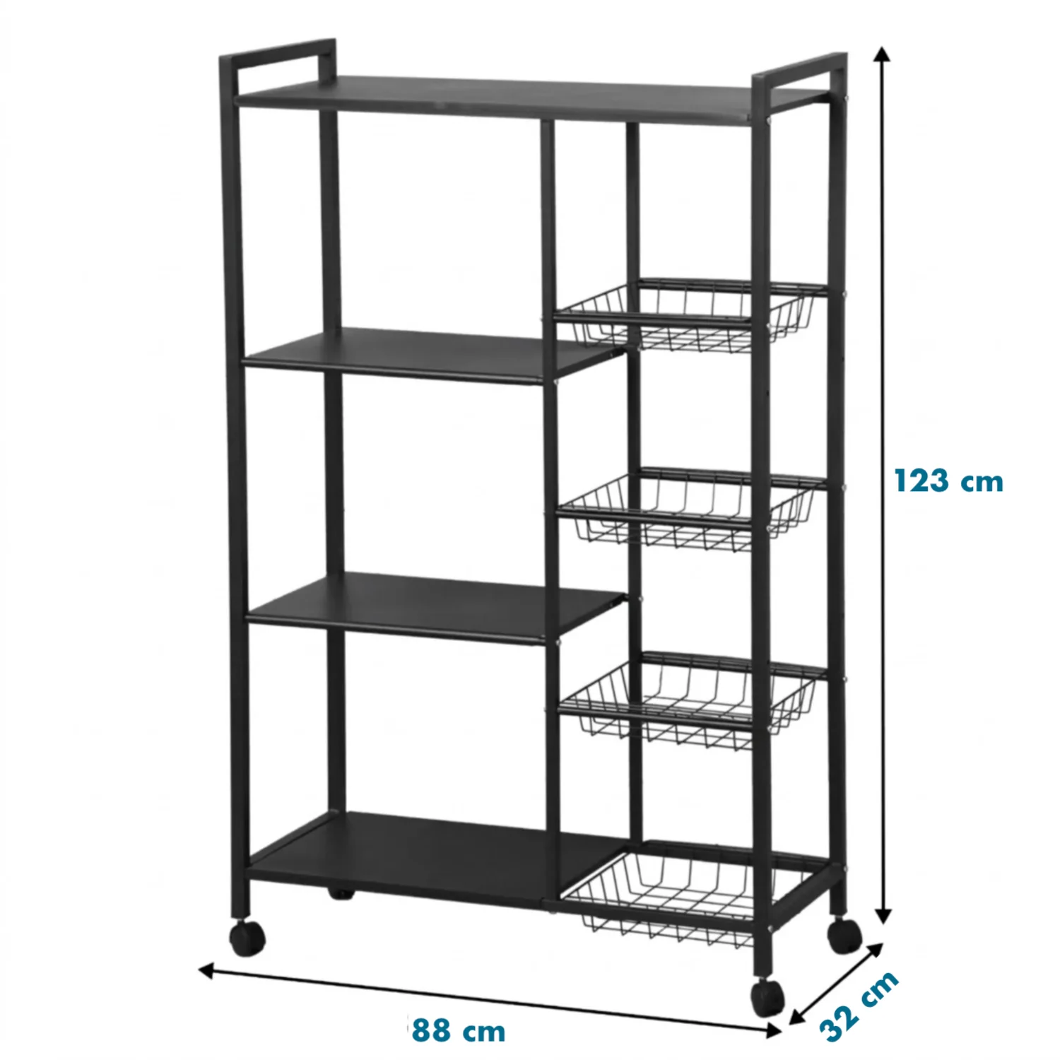 Meuble de Rangement Mobile et Polyvalent à Roulettes avec 5 Étagères et 4 Paniers Métalliques