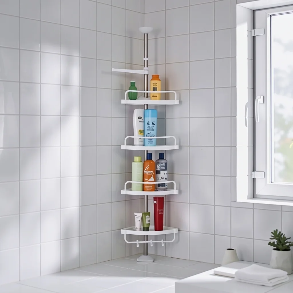 Étagère de Salle de Bain Télescopique et Organisateur de douche à 4 Niveaux avec Porte-Serviettes et Crochets