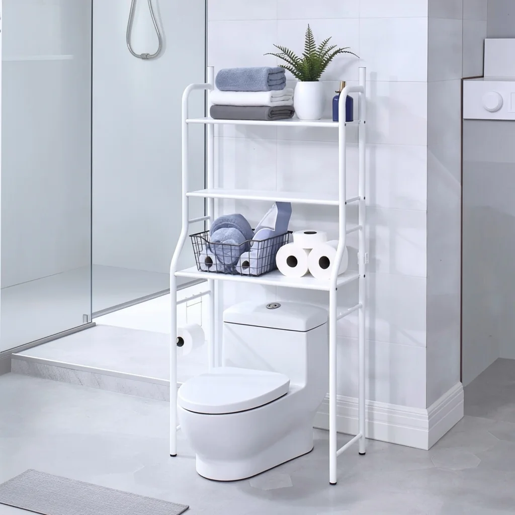 Étagère Au-Dessus des Toilettes avec Rangement Vertical à 3 Niveaux pour Optimisation de Salle de Bain