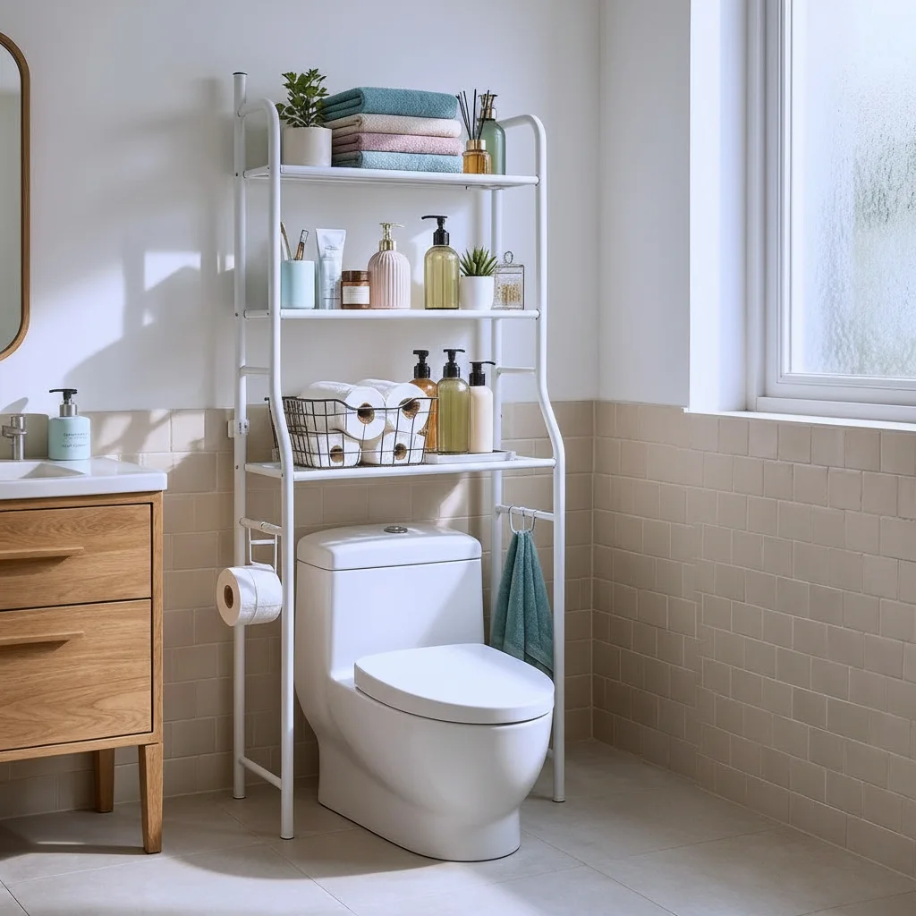 Étagère Au-Dessus des Toilettes avec Rangement Vertical à 3 Niveaux pour Optimisation de Salle de Bain
