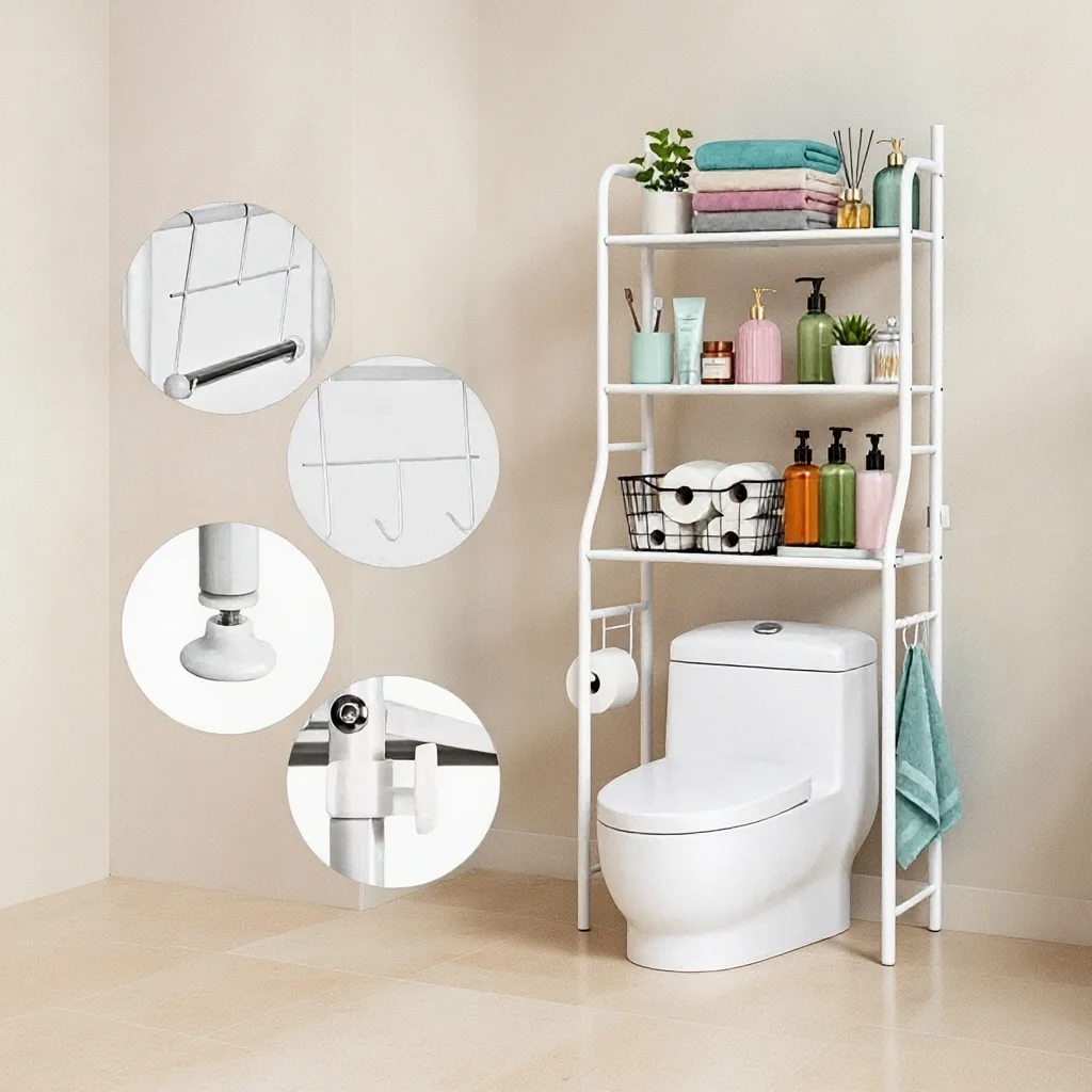 Étagère Au-Dessus des Toilettes avec Rangement Vertical à 3 Niveaux pour Optimisation de Salle de Bain