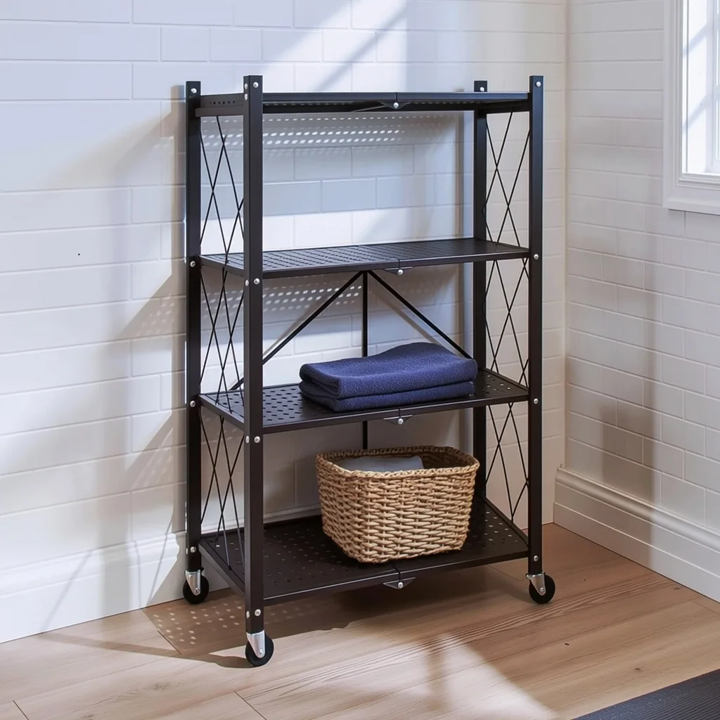 Étagère Pliable Métallique à 4 Niveaux et Meuble de Rangement Mobile de Cuisine, Salon et Bureau