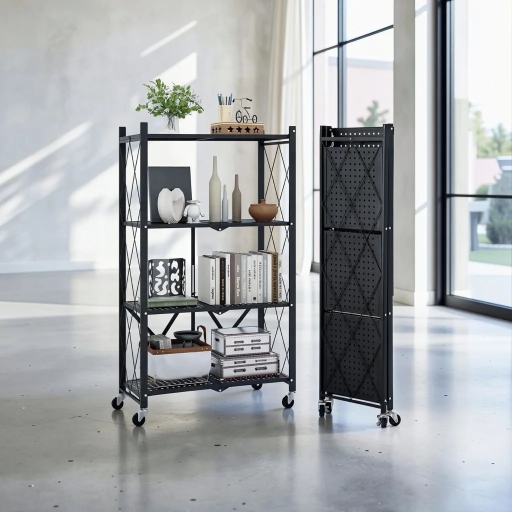Étagère Pliable Métallique à 4 Niveaux et Meuble de Rangement Mobile de Cuisine, Salon et Bureau