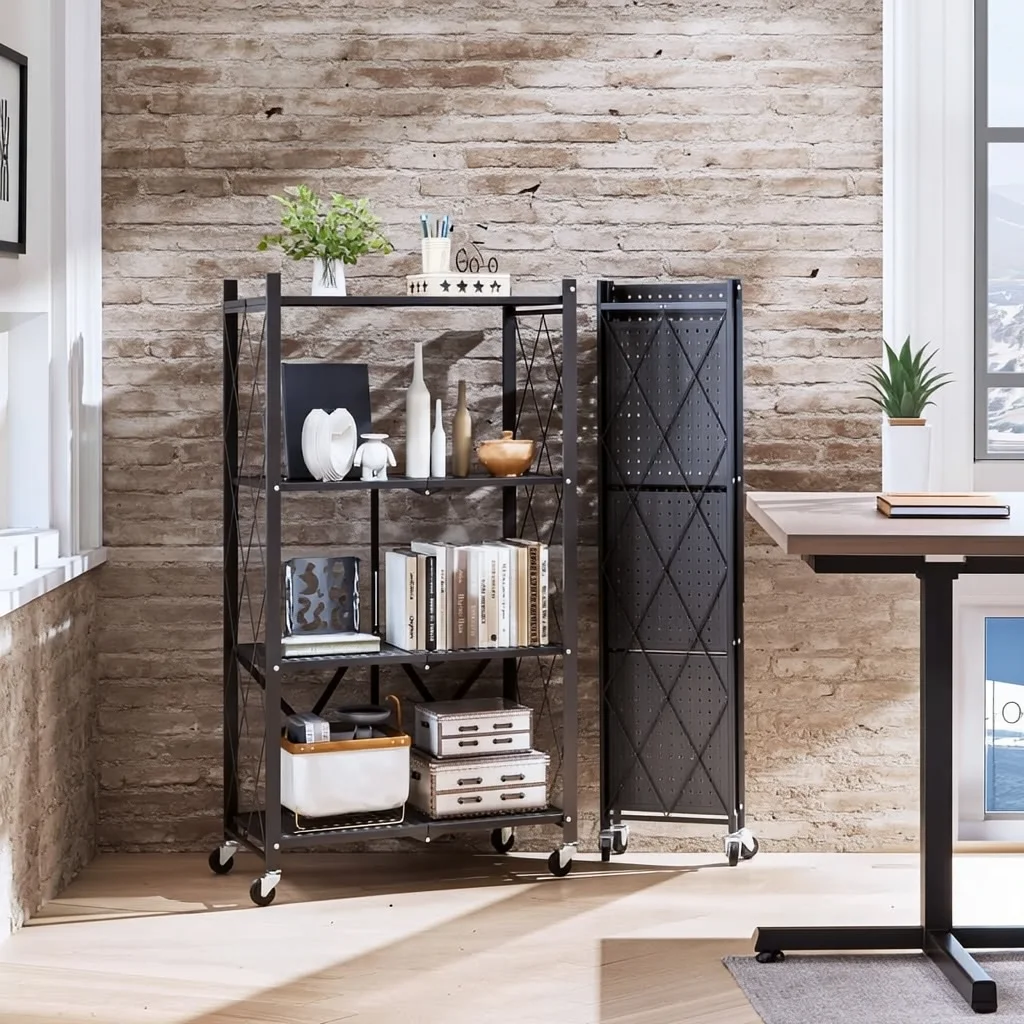 Étagère Pliable Métallique à 4 Niveaux et Meuble de Rangement Mobile de Cuisine, Salon et Bureau