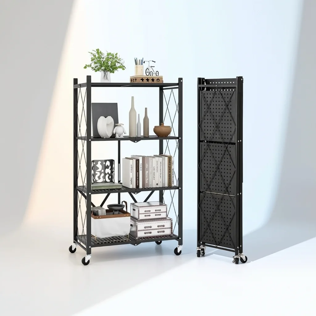 Étagère Pliable Métallique à 4 Niveaux et Meuble de Rangement Mobile de Cuisine, Salon et Bureau