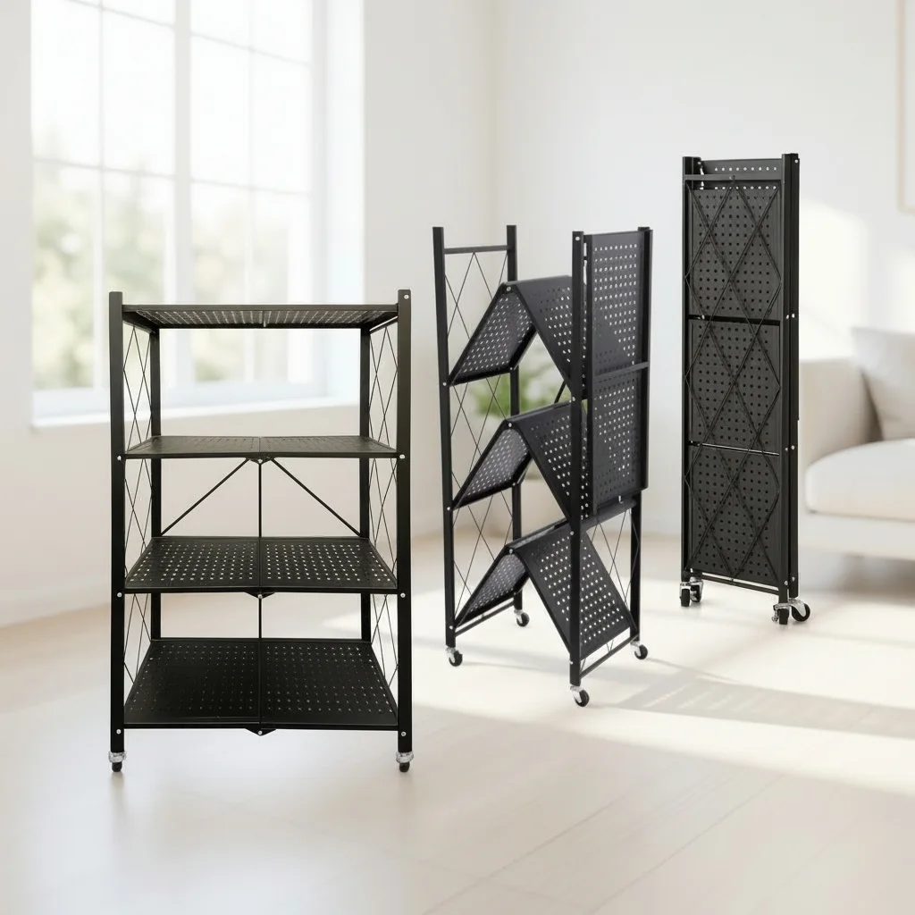 Étagère Pliable Métallique à 4 Niveaux et Meuble de Rangement Mobile de Cuisine, Salon et Bureau