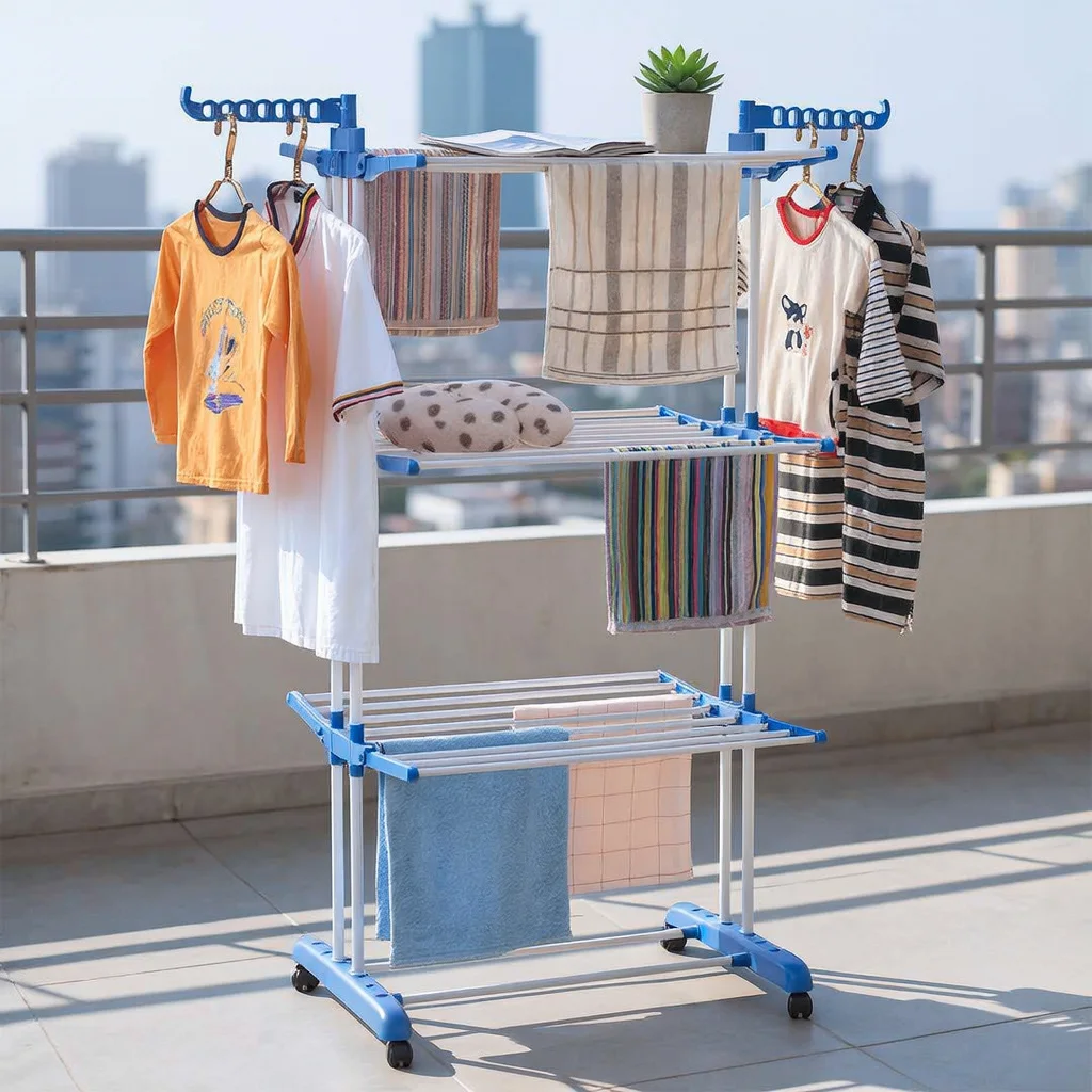 Étendoir à Linge Pliable à 3 Niveaux avec Roulettes et Séchoir de Vêtements Mobile Vertical pour Gain de Place