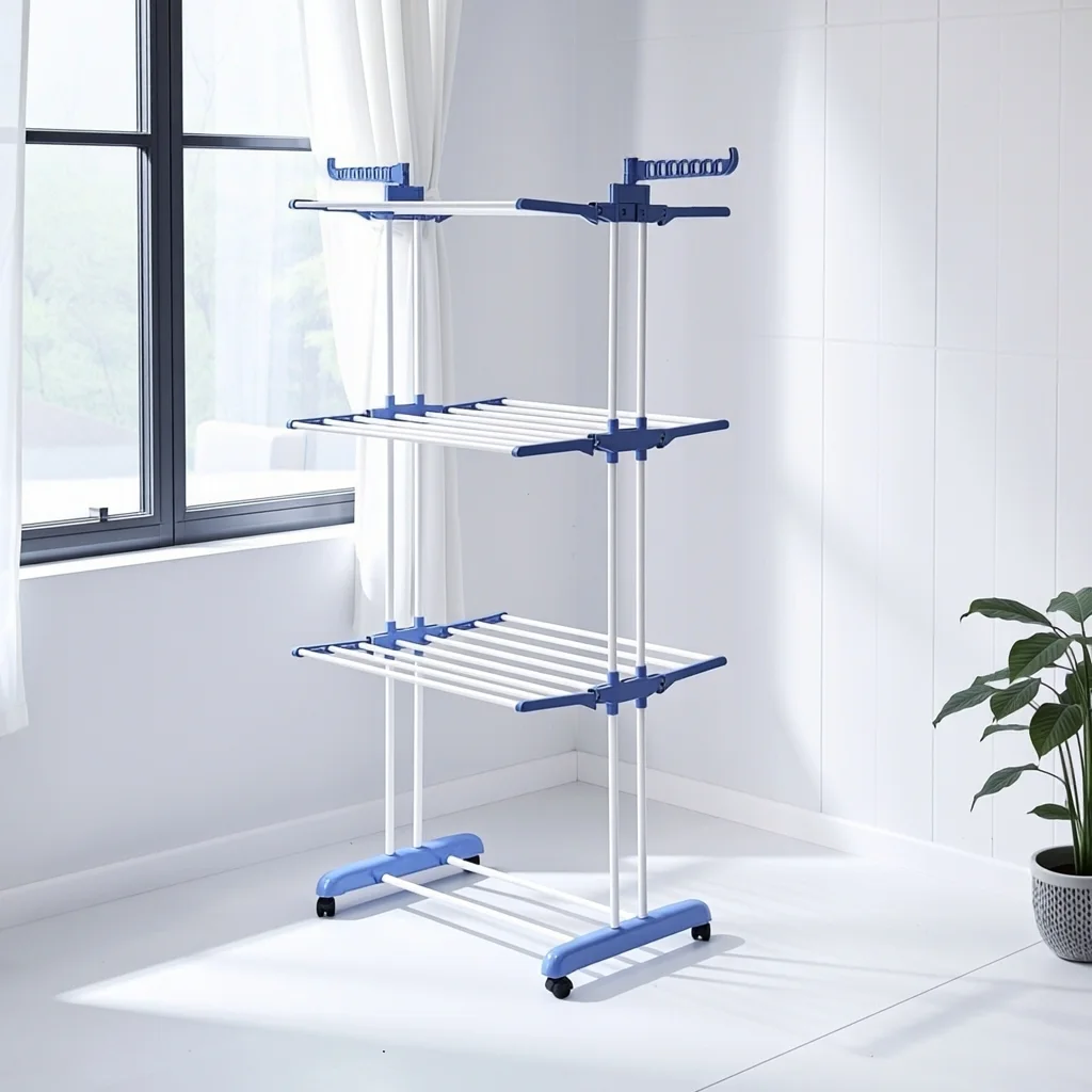 Étendoir à Linge Pliable à 3 Niveaux avec Roulettes et Séchoir de Vêtements Mobile Vertical pour Gain de Place