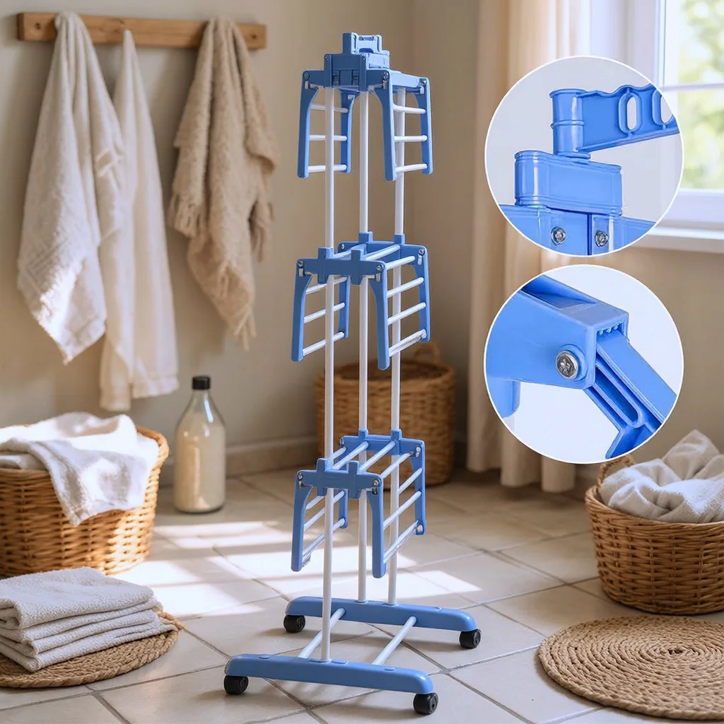 Étendoir à Linge Pliable à 3 Niveaux avec Roulettes et Séchoir de Vêtements Mobile Vertical pour Gain de Place