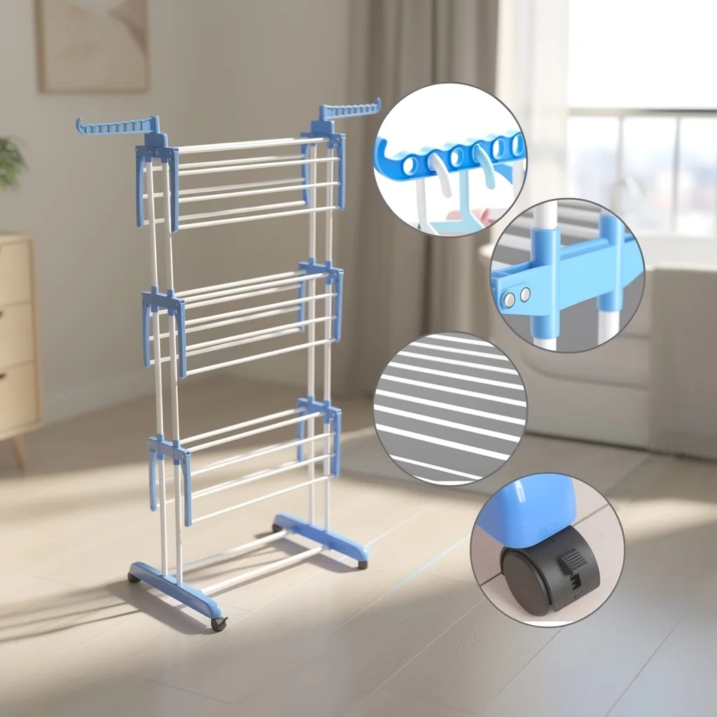 Étendoir à Linge Pliable à 3 Niveaux avec Roulettes et Séchoir de Vêtements Mobile Vertical pour Gain de Place