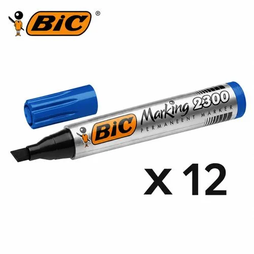 12 Marqueur Bic Permanent Biseauté - bleu